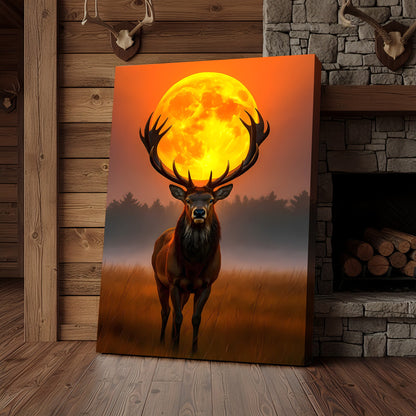 Majestic Elk Full Moon Canvas Wall Art – Hunting Cabin Decor Gift for Hunters