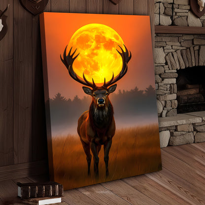 Majestic Elk Full Moon Canvas Wall Art – Hunting Cabin Decor Gift for Hunters