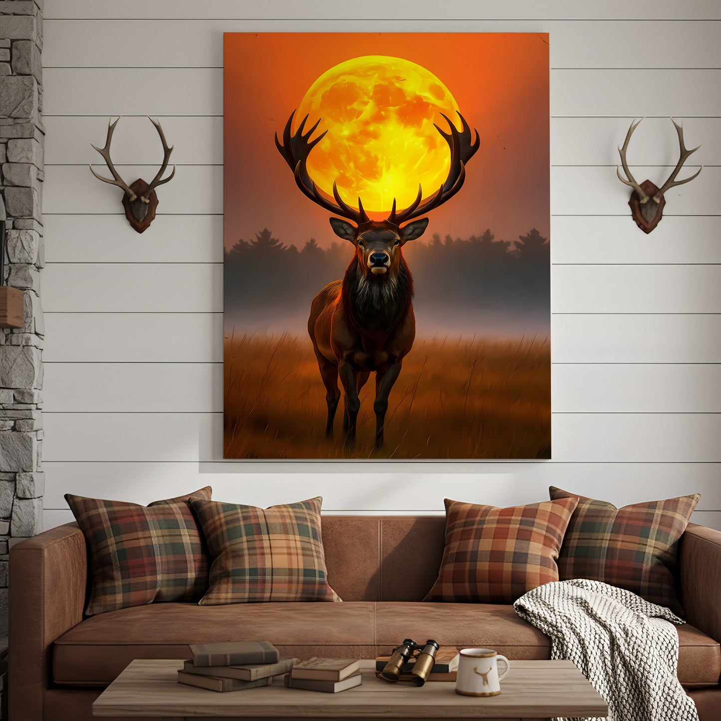 Majestic Elk Full Moon Canvas Wall Art – Hunting Cabin Decor Gift for Hunters