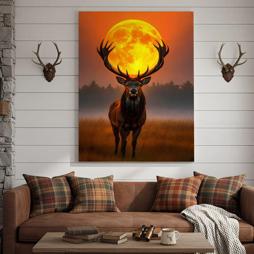 Majestic Elk Full Moon Canvas Wall Art – Hunting Cabin Decor Gift for Hunters