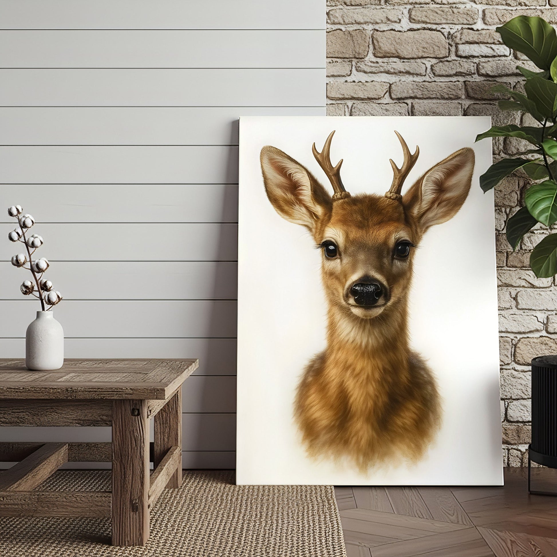 Minimalist Deer Canvas Wall Art, Realistic Baby Buck Portrait, Modern Wildlife Animal Print for Rustic Cabin or Farmhous