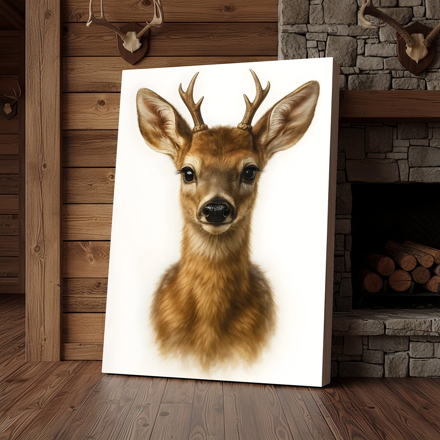 Minimalist Deer Canvas Wall Art, Realistic Baby Buck Portrait, Modern Wildlife Animal Print for Rustic Cabin or Farmhous