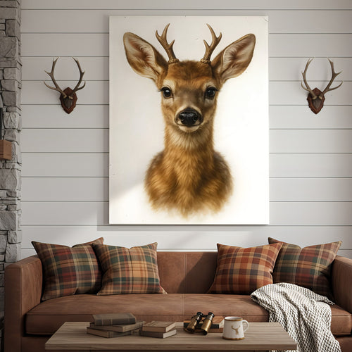 Minimalist Deer Canvas Wall Art, Realistic Baby Buck Portrait, Modern Wildlife Animal Print for Rustic Cabin or Farmhous