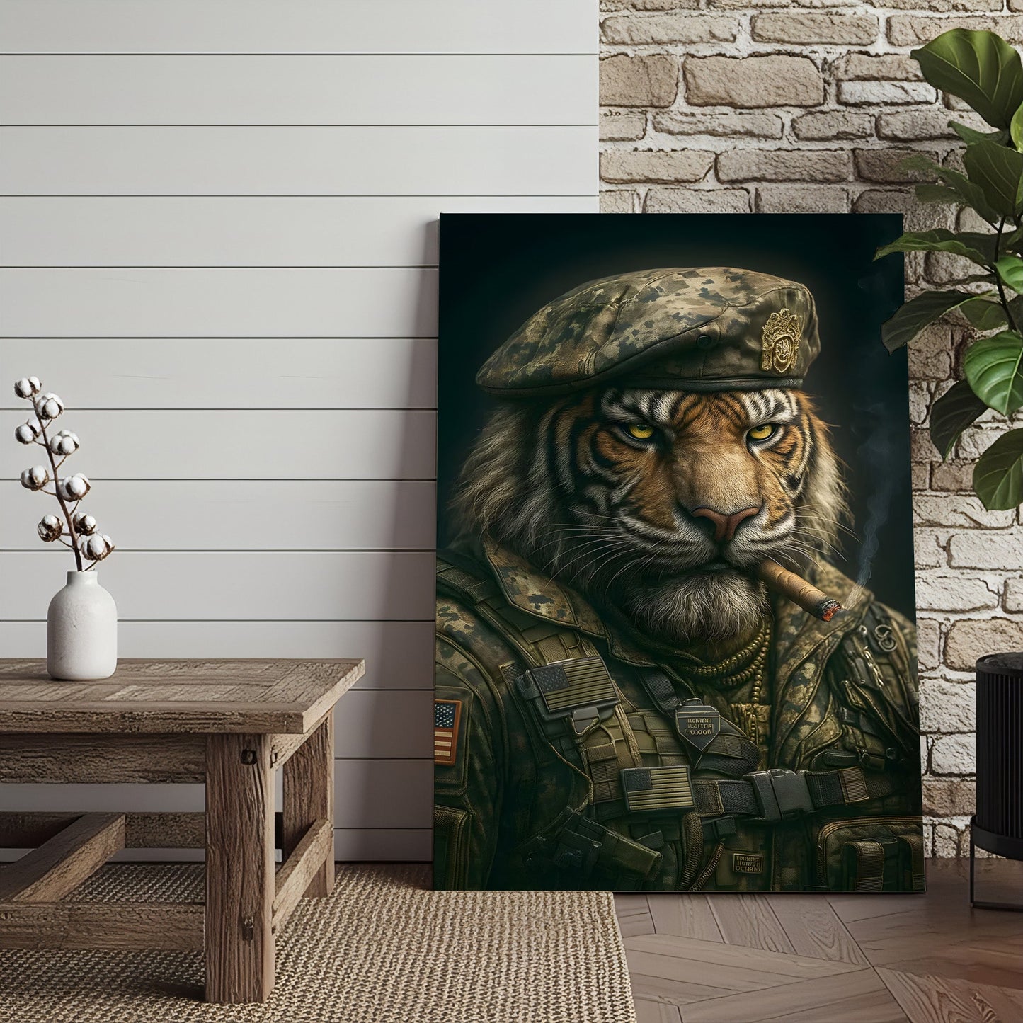 Military Tiger Canvas Wall Art, Warrior Animal Portrait in Army Uniform, Bold Patriotic Home Decor Gift for Men