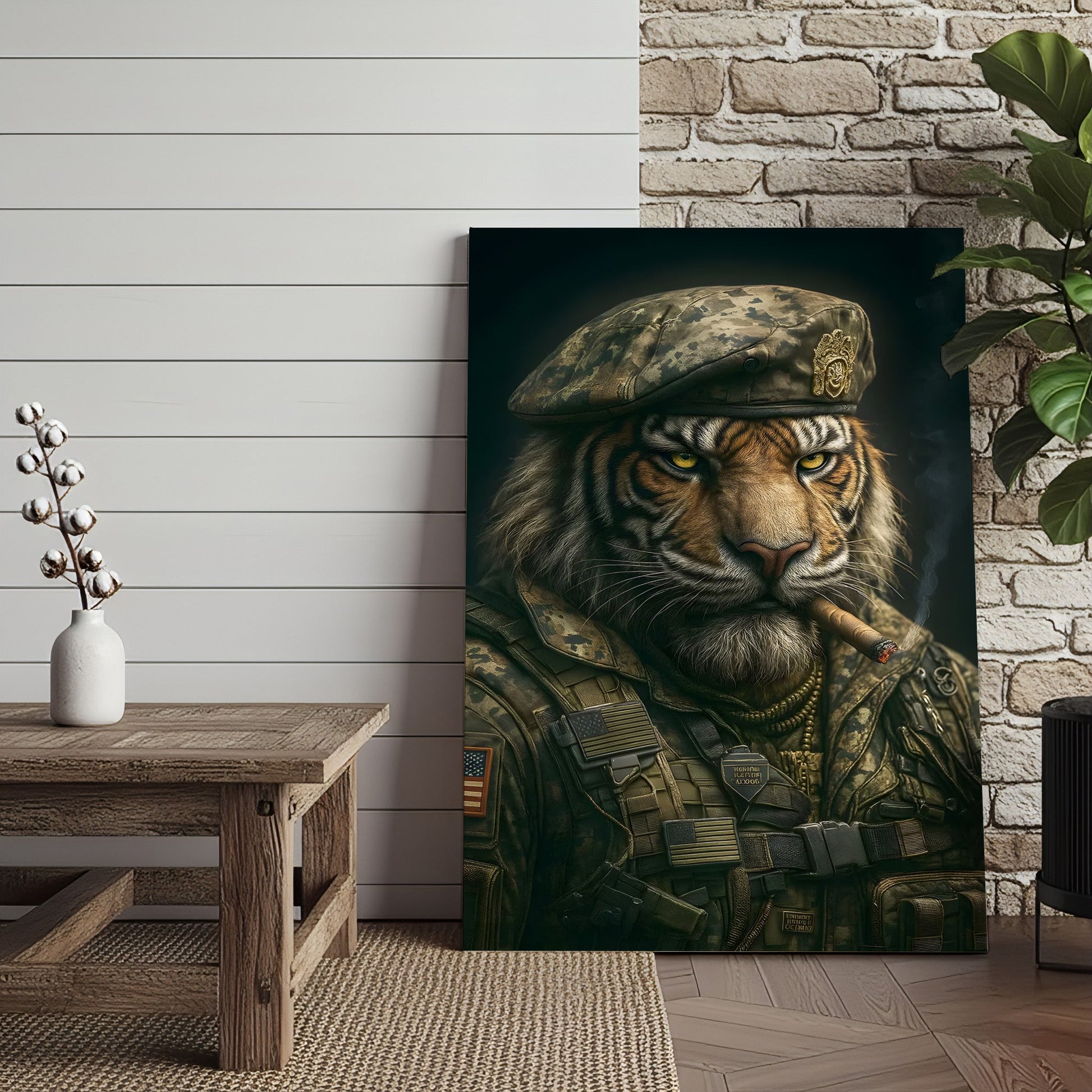Military Tiger Canvas Wall Art, Warrior Animal Portrait in Army Uniform, Bold Patriotic Home Decor Gift for Men