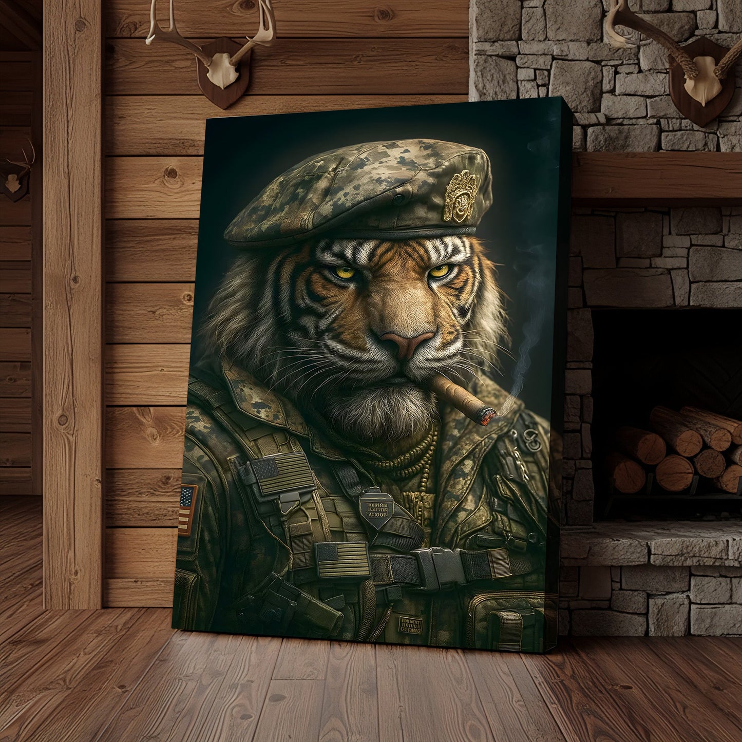 Military Tiger Canvas Wall Art, Warrior Animal Portrait in Army Uniform, Bold Patriotic Home Decor Gift for Men