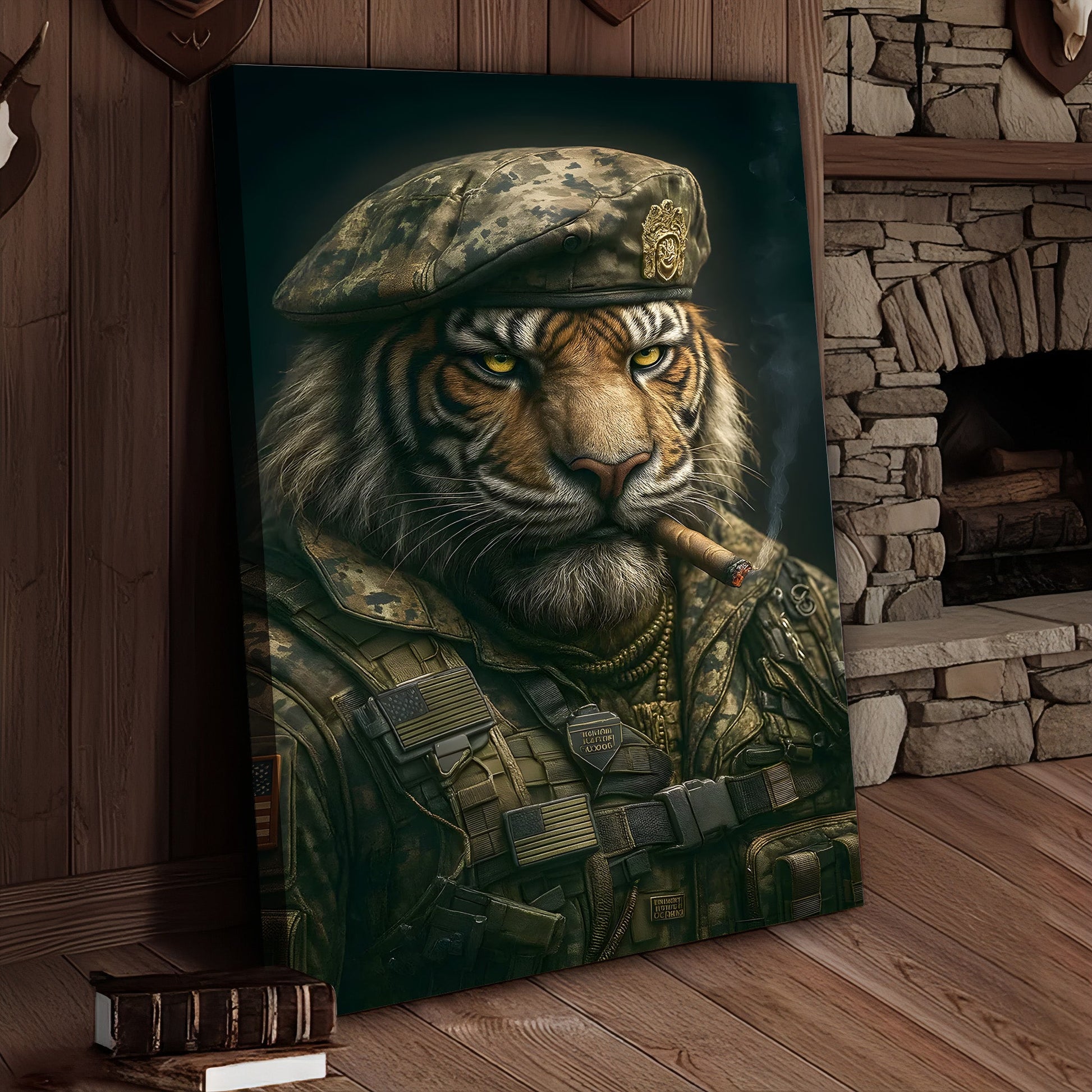 Military Tiger Canvas Wall Art, Warrior Animal Portrait in Army Uniform, Bold Patriotic Home Decor Gift for Men