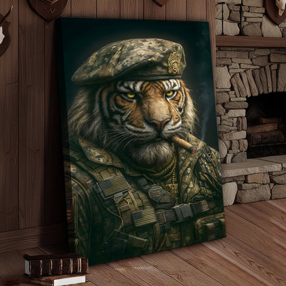 Military Tiger Canvas Wall Art, Warrior Animal Portrait in Army Uniform, Bold Patriotic Home Decor Gift for Men