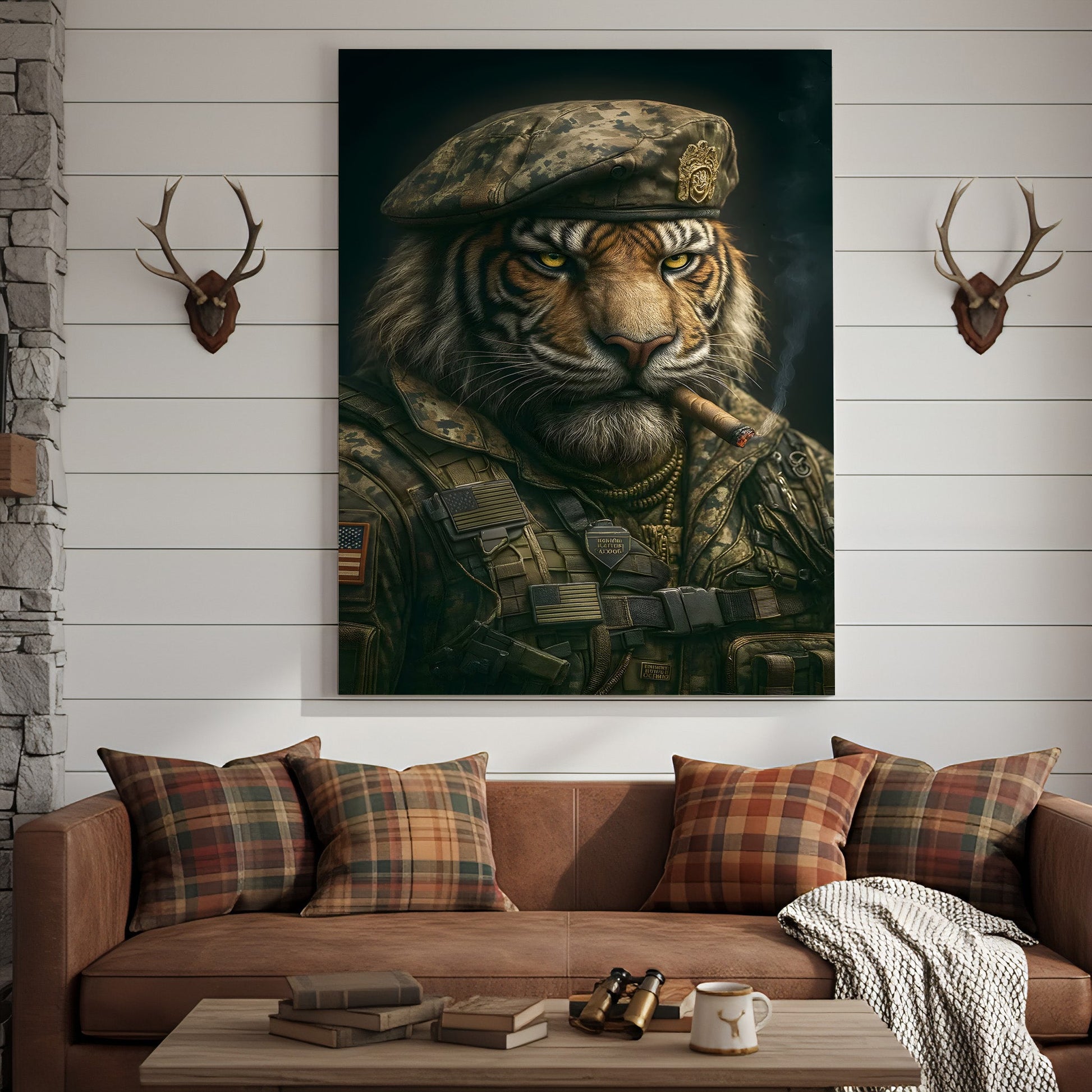 Military Tiger Canvas Wall Art, Warrior Animal Portrait in Army Uniform, Bold Patriotic Home Decor Gift for Men