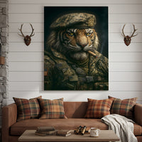 Military Tiger Canvas Wall Art, Warrior Animal Portrait in Army Uniform, Bold Patriotic Home Decor Gift for Men