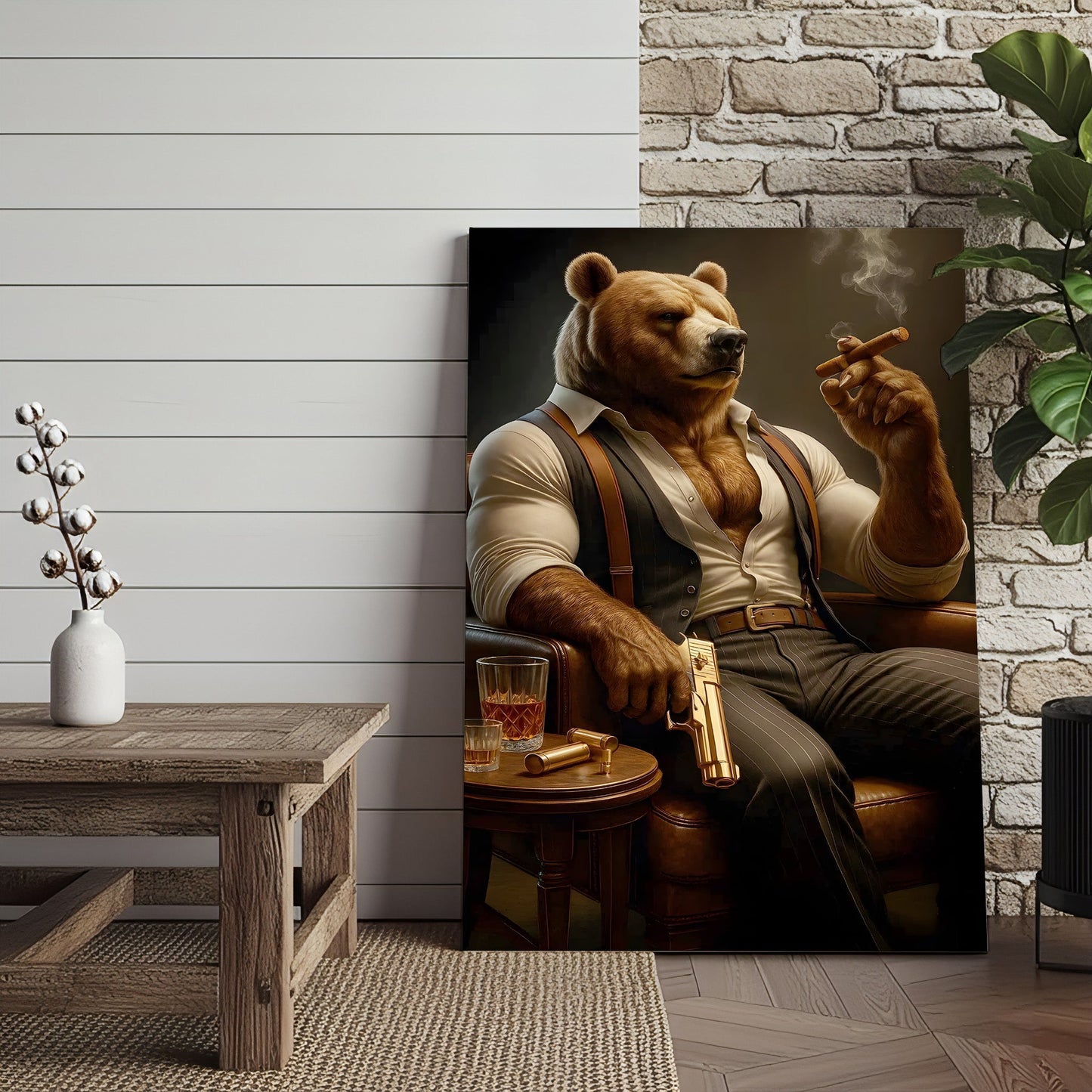 Boss Bear Canvas Wall Art, Stylish Anthropomorphic Animal Portrait, Masculine Power and Confidence Lounge Decor for Men