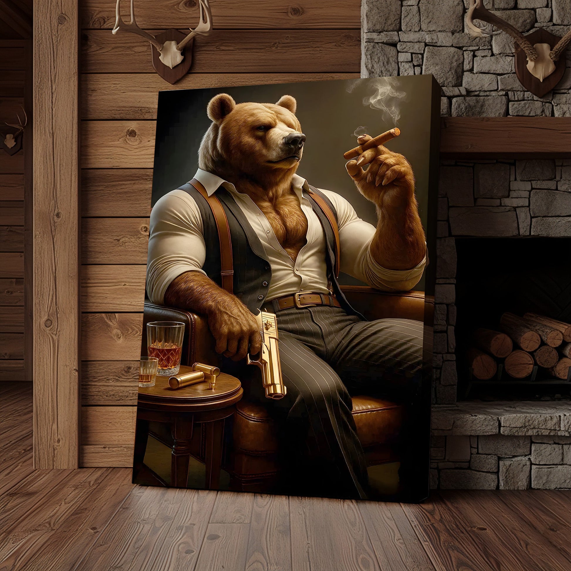 Boss Bear Canvas Wall Art, Stylish Anthropomorphic Animal Portrait, Masculine Power and Confidence Lounge Decor for Men