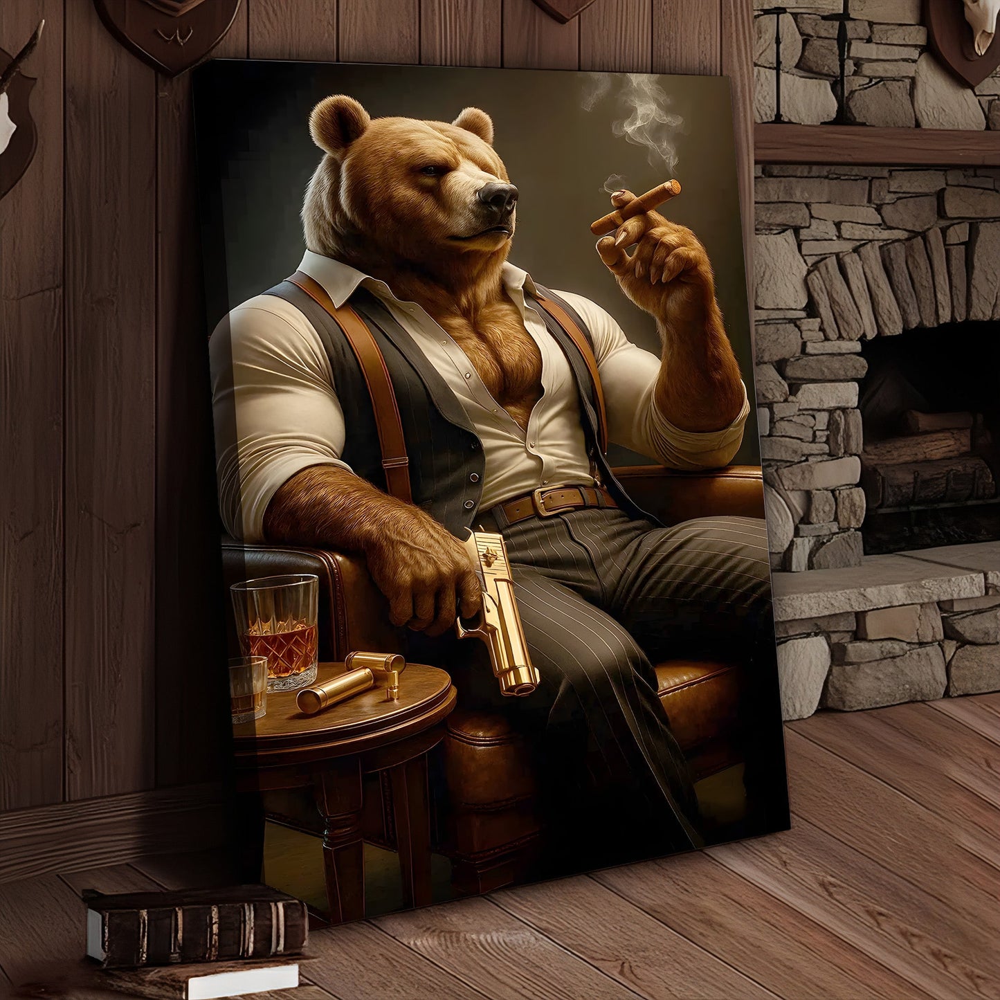 Boss Bear Canvas Wall Art, Stylish Anthropomorphic Animal Portrait, Masculine Power and Confidence Lounge Decor for Men