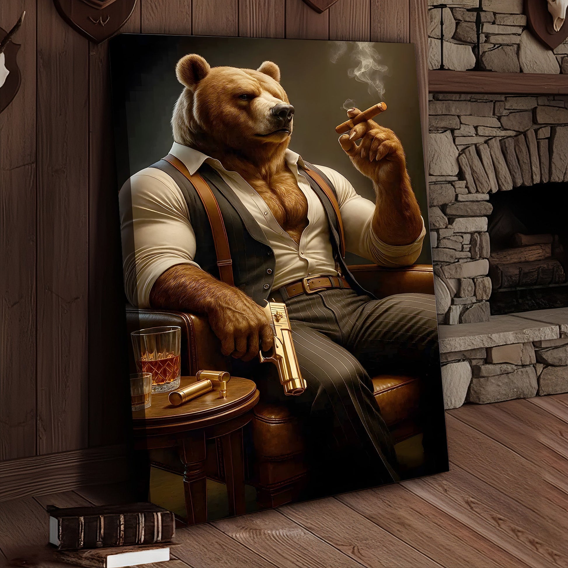 Boss Bear Canvas Wall Art, Stylish Anthropomorphic Animal Portrait, Masculine Power and Confidence Lounge Decor for Men