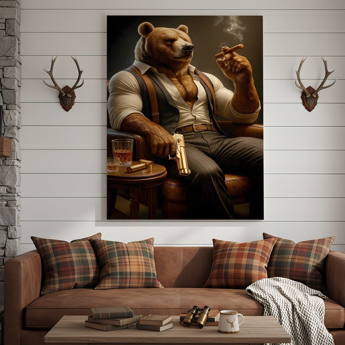 Boss Bear Canvas Wall Art, Stylish Anthropomorphic Animal Portrait, Masculine Power and Confidence Lounge Decor for Men