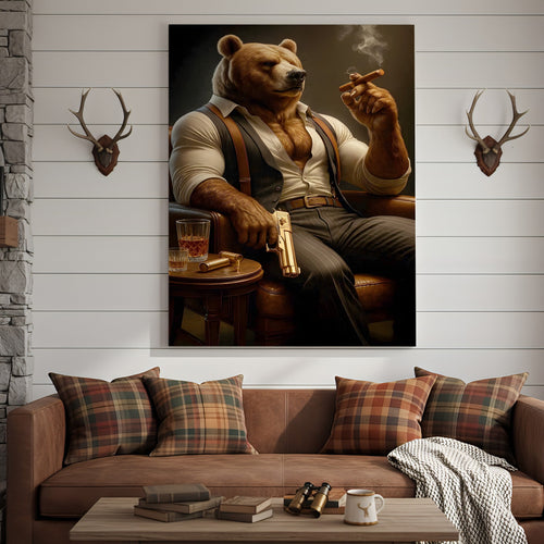 Boss Bear Canvas Wall Art, Stylish Anthropomorphic Animal Portrait, Masculine Power and Confidence Lounge Decor for Men