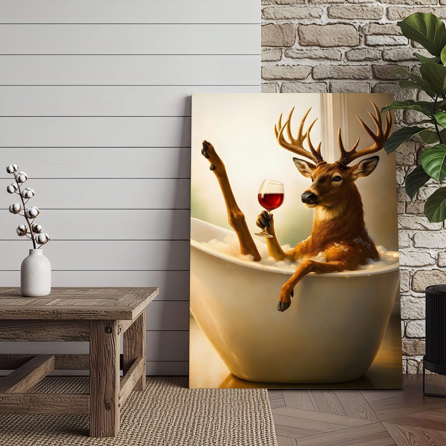 Relaxing Deer in Bathtub Funny Wall Art – Unique Gift for Hunters, Rustic Cabin Decor Canvas