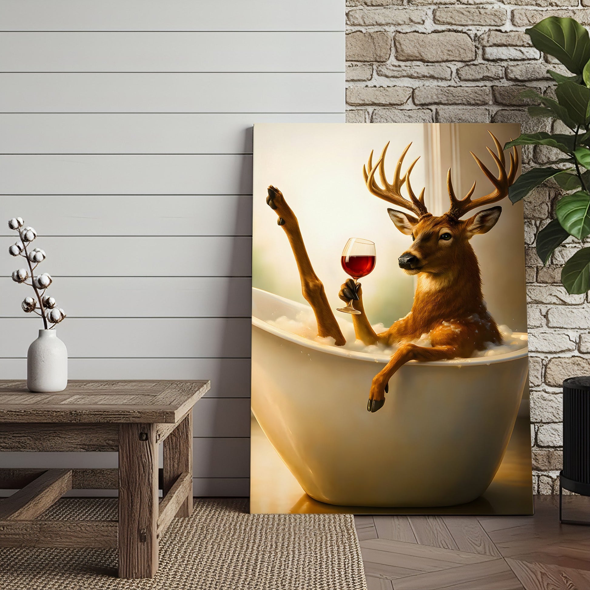 Relaxing Deer in Bathtub Funny Wall Art – Unique Gift for Hunters, Rustic Cabin Decor Canvas