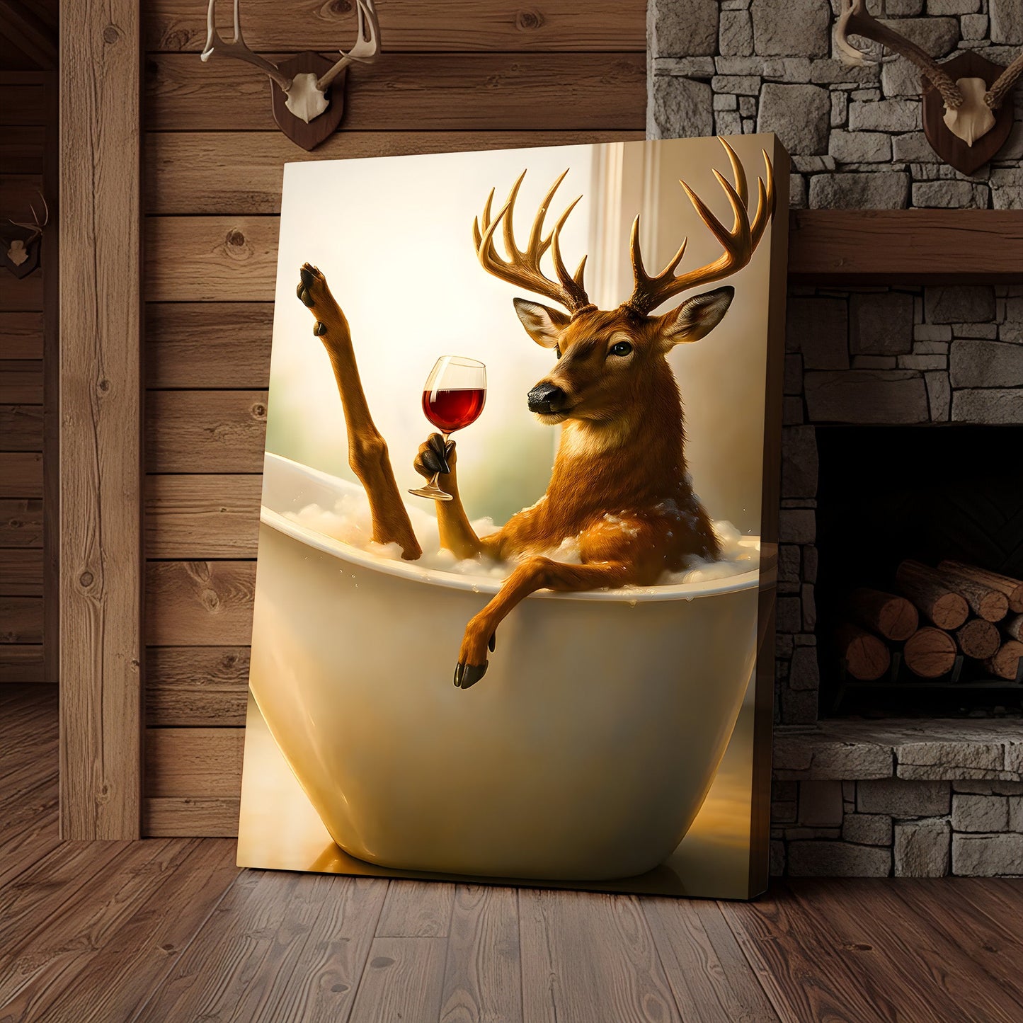 Relaxing Deer in Bathtub Funny Wall Art – Unique Gift for Hunters, Rustic Cabin Decor Canvas
