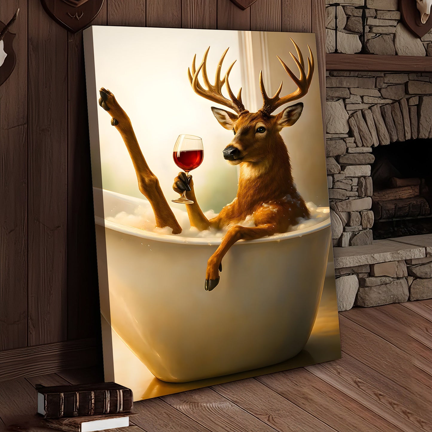 Relaxing Deer in Bathtub Funny Wall Art – Unique Gift for Hunters, Rustic Cabin Decor Canvas