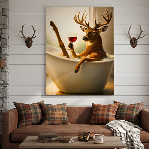 Relaxing Deer in Bathtub Funny Wall Art – Unique Gift for Hunters, Rustic Cabin Decor Canvas