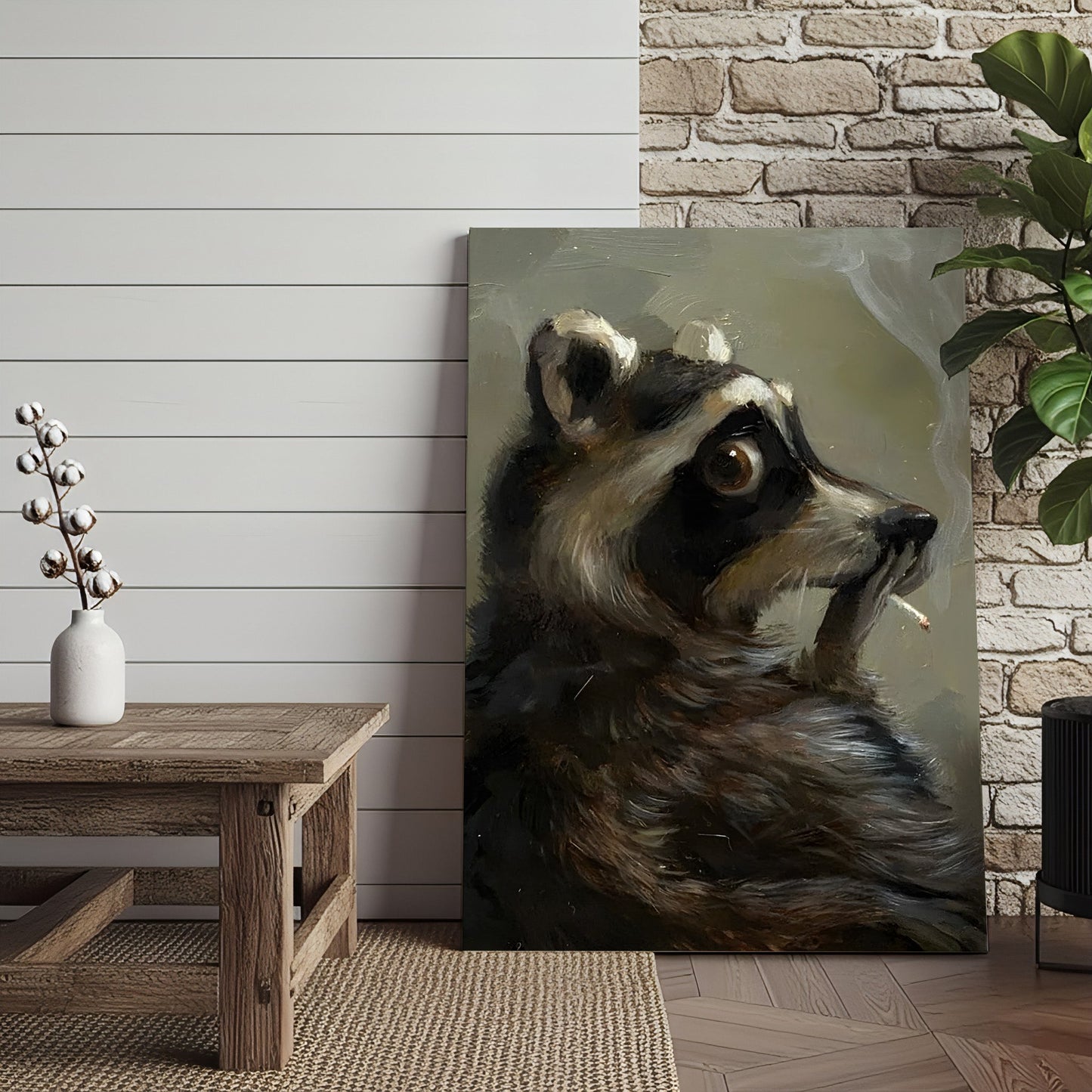 Raccoon Canvas Wall Art, Vintage Oil Portrait Anthropomorphic Animal, Moody Woodland Rustic Cabin Decor