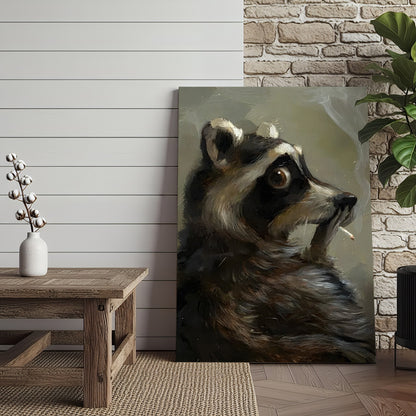 Raccoon Canvas Wall Art, Vintage Oil Portrait Anthropomorphic Animal, Moody Woodland Rustic Cabin Decor