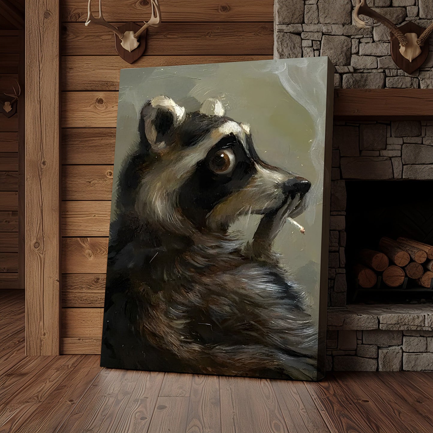 Raccoon Canvas Wall Art, Vintage Oil Portrait Anthropomorphic Animal, Moody Woodland Rustic Cabin Decor