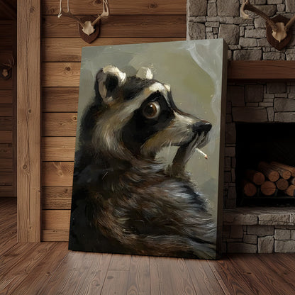 Raccoon Canvas Wall Art, Vintage Oil Portrait Anthropomorphic Animal, Moody Woodland Rustic Cabin Decor