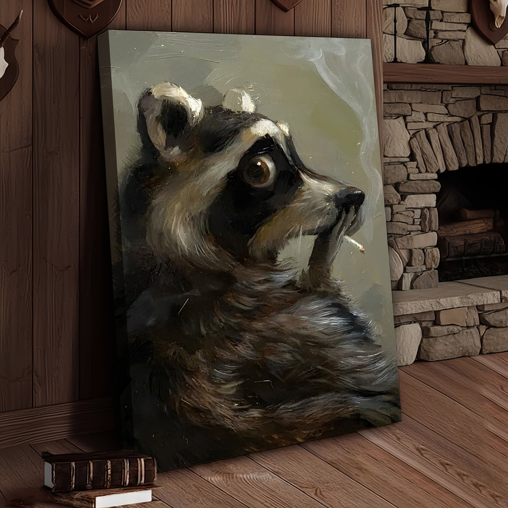 Raccoon Canvas Wall Art, Vintage Oil Portrait Anthropomorphic Animal, Moody Woodland Rustic Cabin Decor