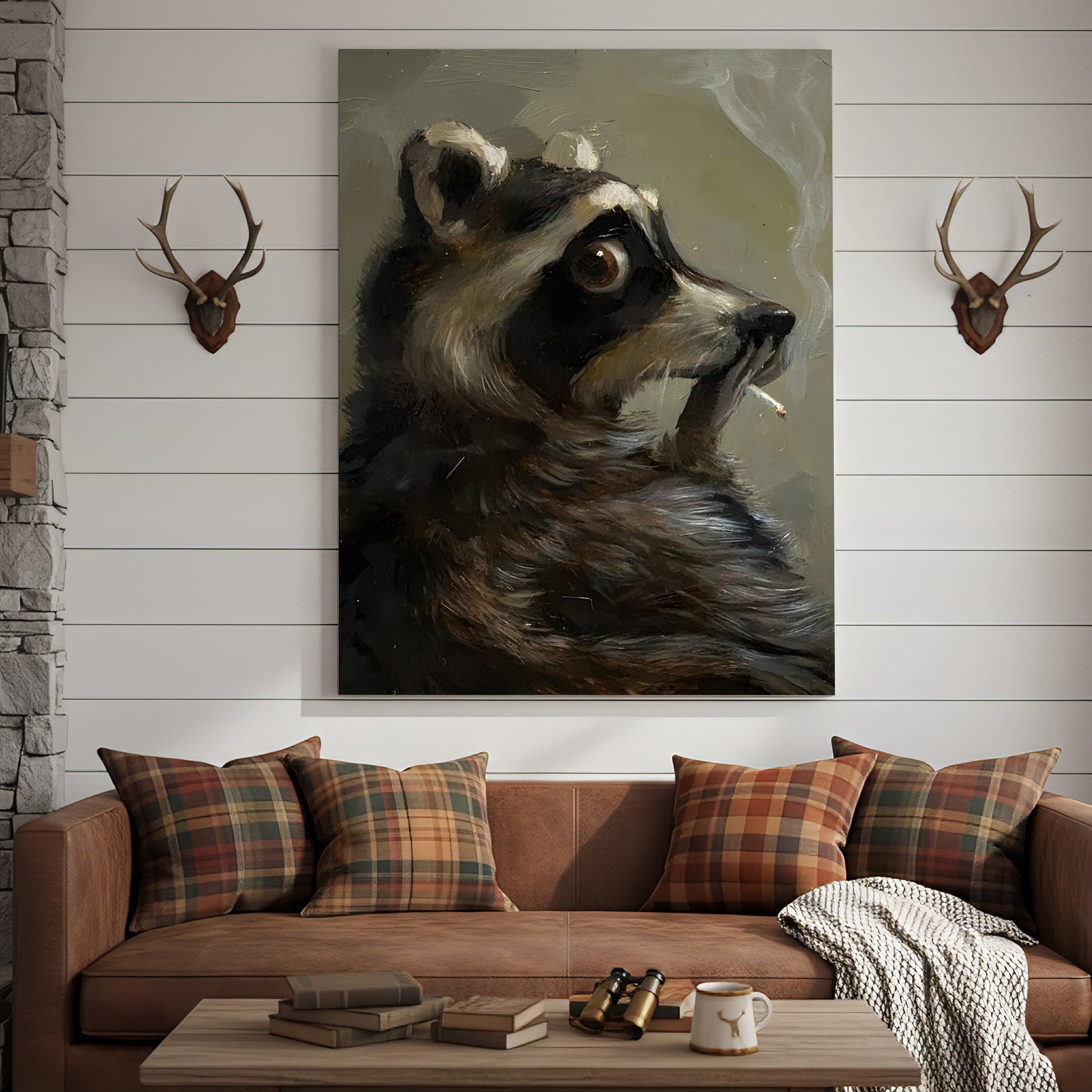 Raccoon Canvas Wall Art, Vintage Oil Portrait Anthropomorphic Animal, Moody Woodland Rustic Cabin Decor