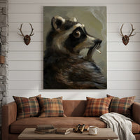 Raccoon Canvas Wall Art, Vintage Oil Portrait Anthropomorphic Animal, Moody Woodland Rustic Cabin Decor