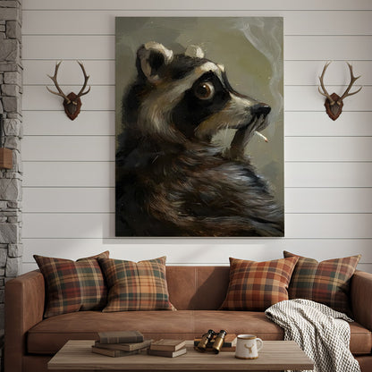Raccoon Canvas Wall Art, Vintage Oil Portrait Anthropomorphic Animal, Moody Woodland Rustic Cabin Decor