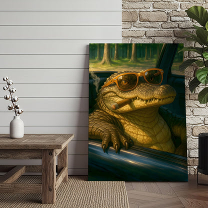 Cool Alligator Canvas Wall Art, Retro Sunglasses Gator in Car Portrait, Funny Swamp Reptile Decor for Men