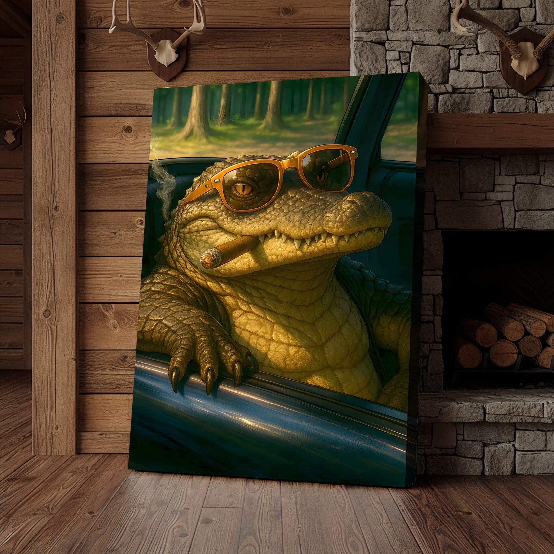 Cool Alligator Canvas Wall Art, Retro Sunglasses Gator in Car Portrait, Funny Swamp Reptile Decor for Men