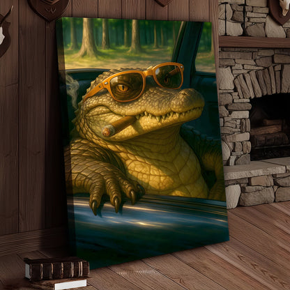 Cool Alligator Canvas Wall Art, Retro Sunglasses Gator in Car Portrait, Funny Swamp Reptile Decor for Men
