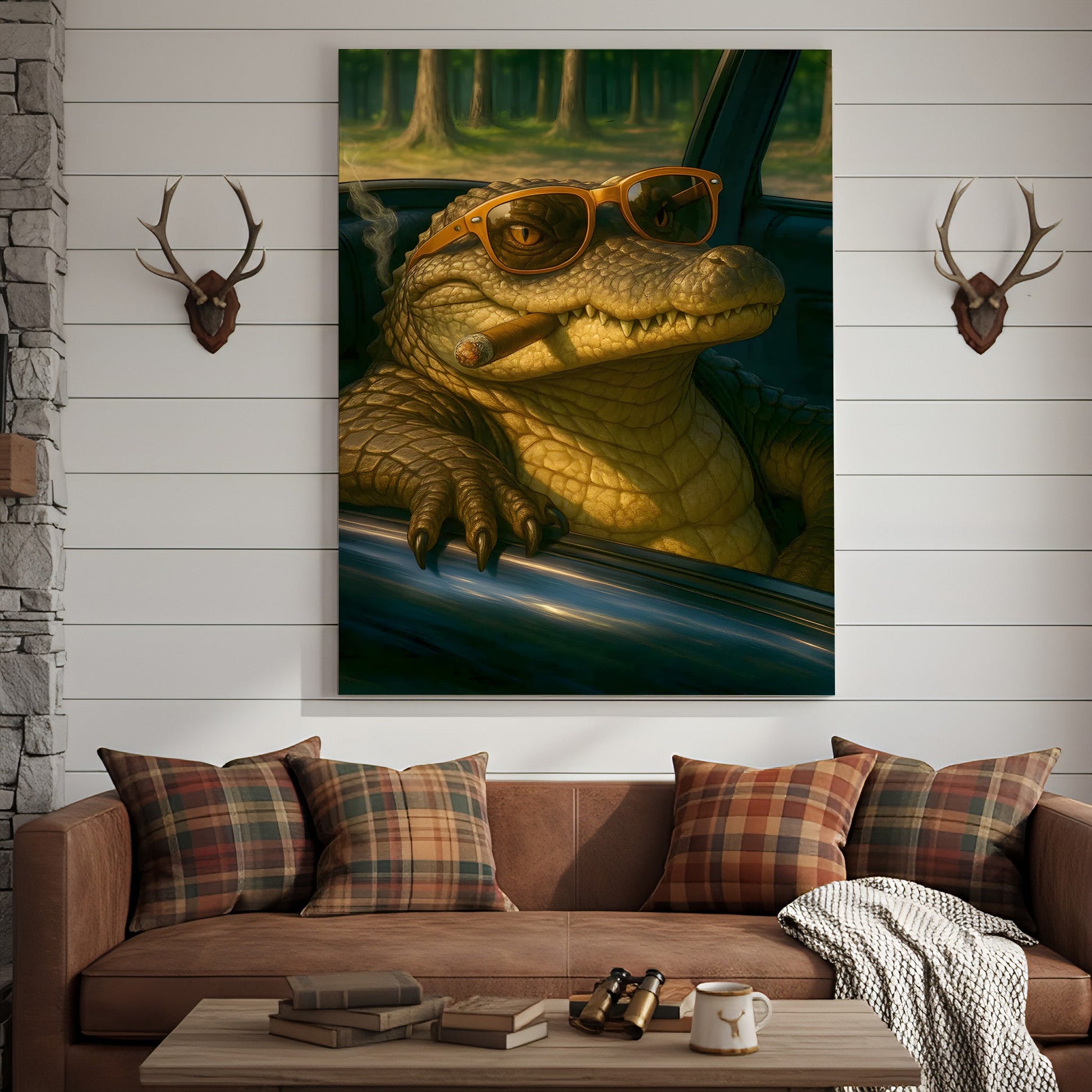 Cool Alligator Canvas Wall Art, Retro Sunglasses Gator in Car Portrait, Funny Swamp Reptile Decor for Men