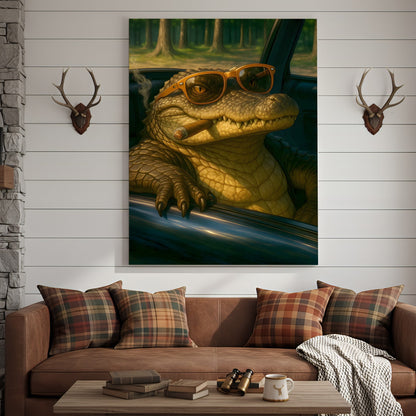 Cool Alligator Canvas Wall Art, Retro Sunglasses Gator in Car Portrait, Funny Swamp Reptile Decor for Men