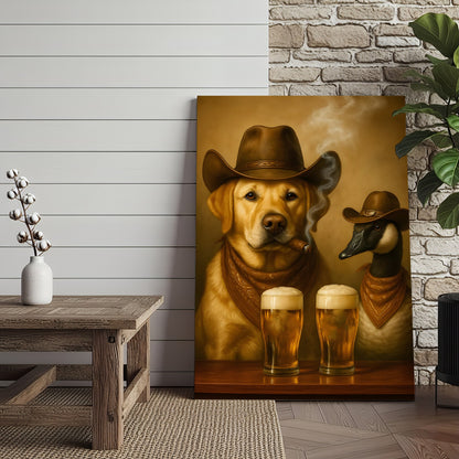 Funny Cowboy Dog & Goose Canvas Wall Art – Funny Beer & Smoking Western Decor for Hunters, Cabin & Man Cave