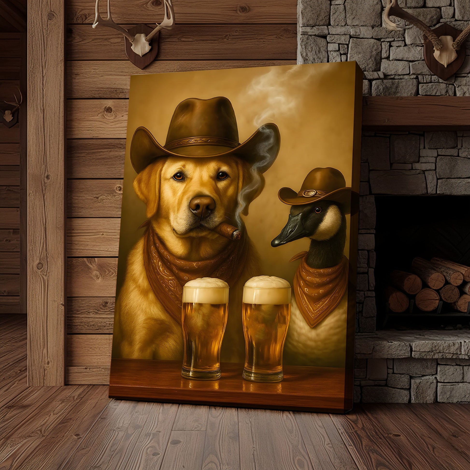 Funny Cowboy Dog & Goose Canvas Wall Art – Funny Beer & Smoking Western Decor for Hunters, Cabin & Man Cave