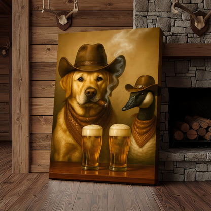 Funny Cowboy Dog & Goose Canvas Wall Art – Funny Beer & Smoking Western Decor for Hunters, Cabin & Man Cave