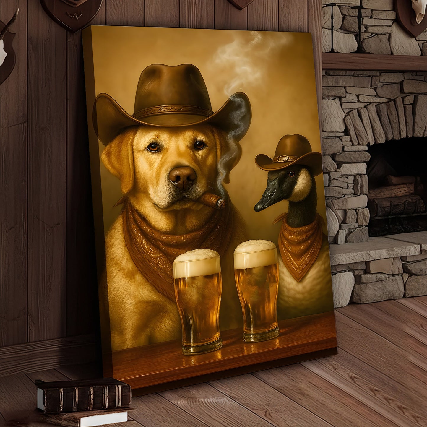 Funny Cowboy Dog & Goose Canvas Wall Art – Funny Beer & Smoking Western Decor for Hunters, Cabin & Man Cave