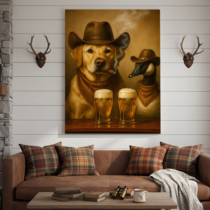 Funny Cowboy Dog & Goose Canvas Wall Art – Funny Beer & Smoking Western Decor for Hunters, Cabin & Man Cave