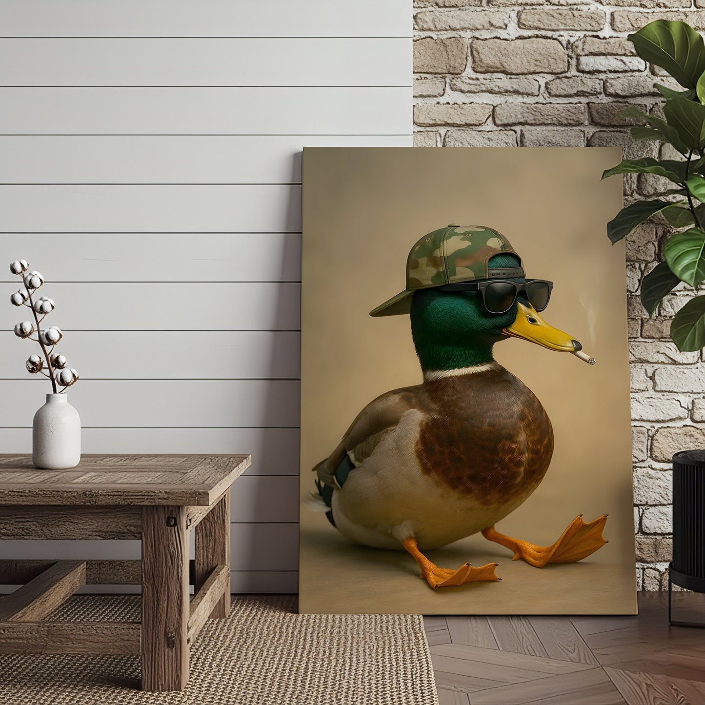 Cool Mallard Duck with Camo Hat Wall Art – Funny Hunting Canvas Print for Cabin, Lodge & Man Cave Decor