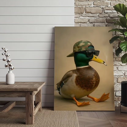 Cool Mallard Duck with Camo Hat Wall Art – Funny Hunting Canvas Print for Cabin, Lodge & Man Cave Decor