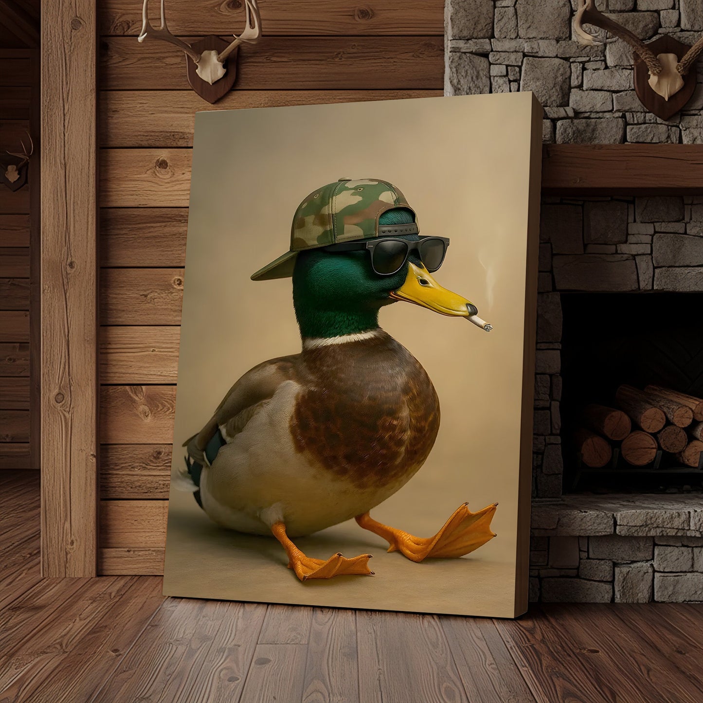 Cool Mallard Duck with Camo Hat Wall Art – Funny Hunting Canvas Print for Cabin, Lodge & Man Cave Decor