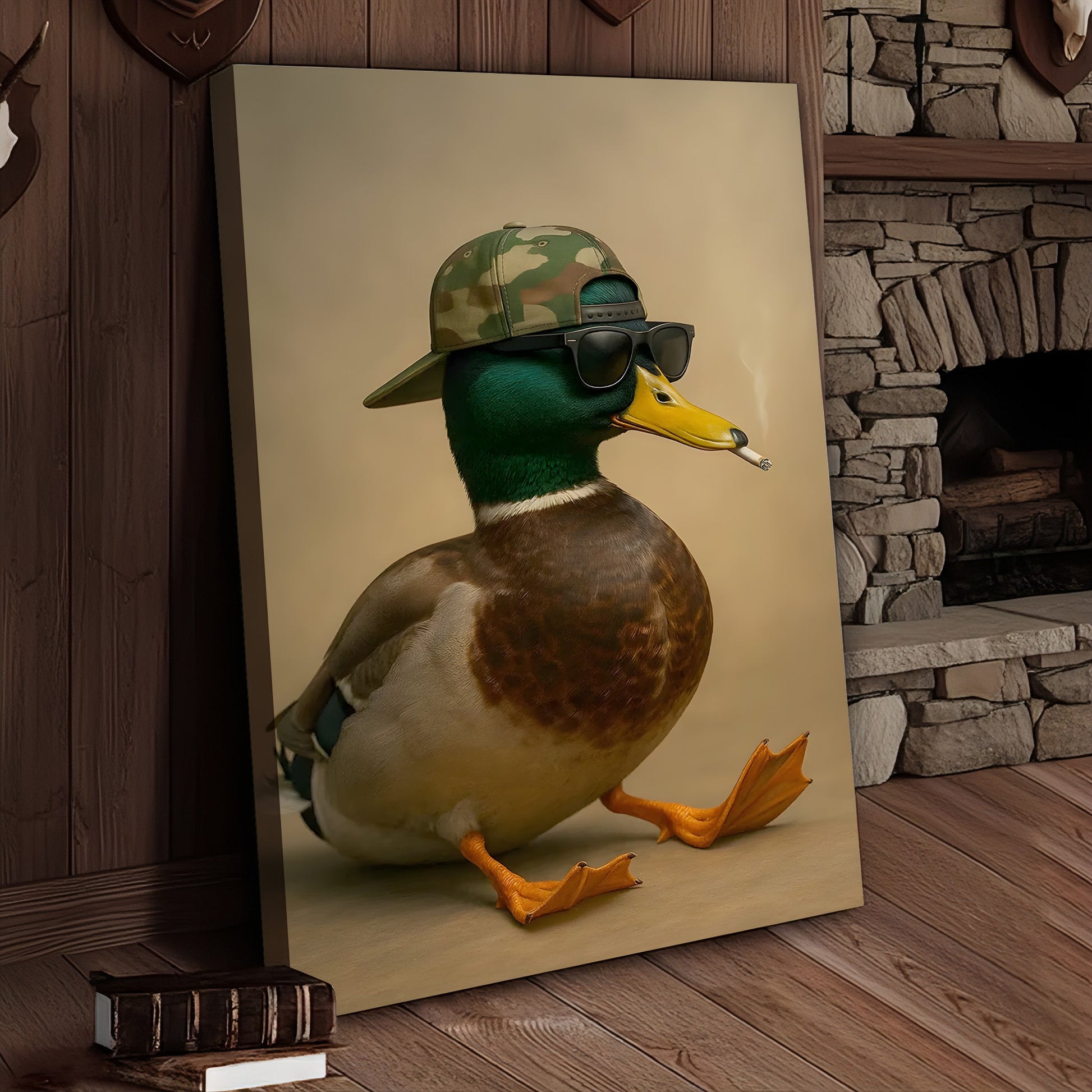 Cool Mallard Duck with Camo Hat Wall Art – Funny Hunting Canvas Print for Cabin, Lodge & Man Cave Decor