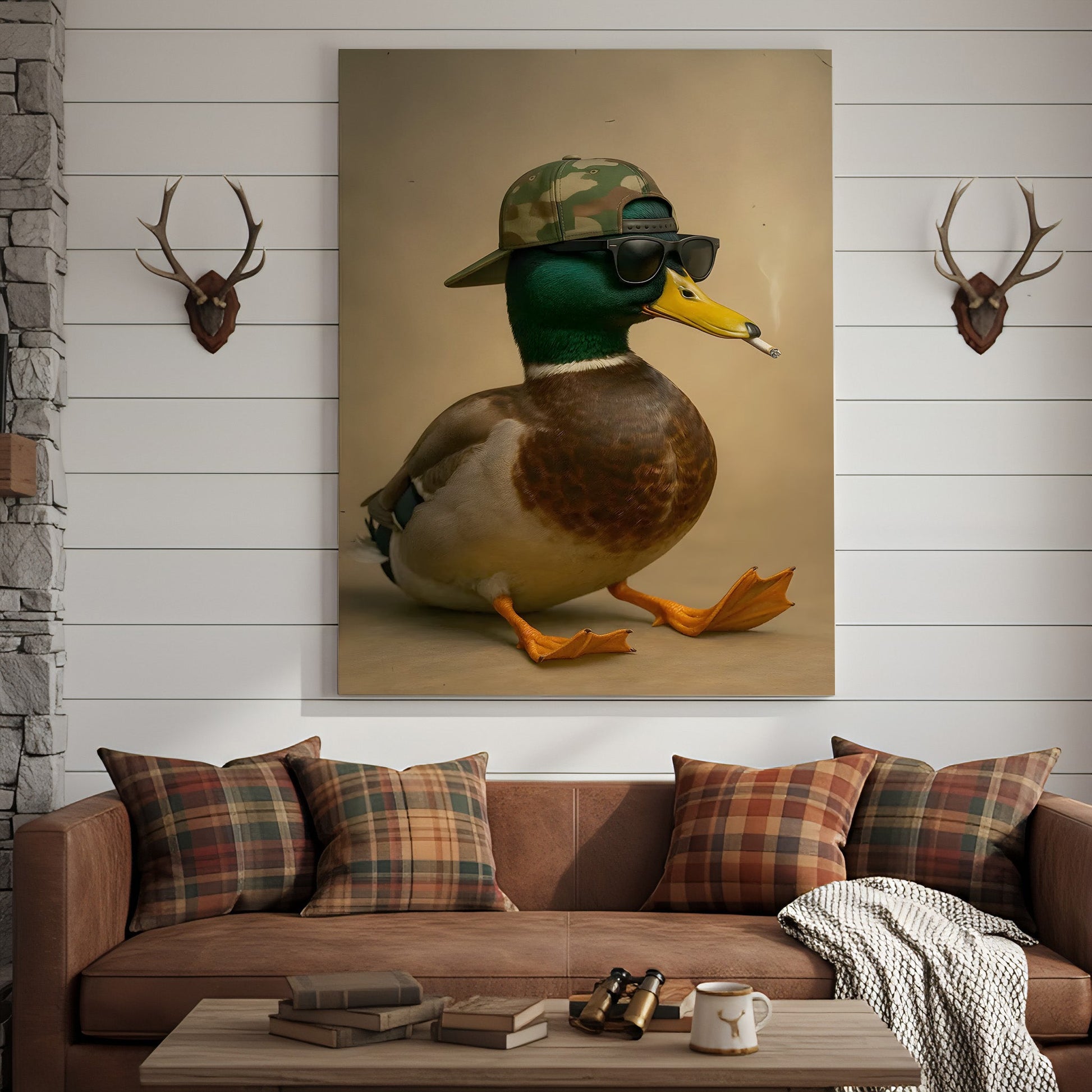 Cool Mallard Duck with Camo Hat Wall Art – Funny Hunting Canvas Print for Cabin, Lodge & Man Cave Decor