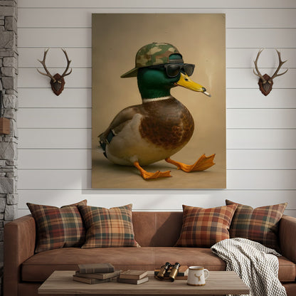 Cool Mallard Duck with Camo Hat Wall Art – Funny Hunting Canvas Print for Cabin, Lodge & Man Cave Decor
