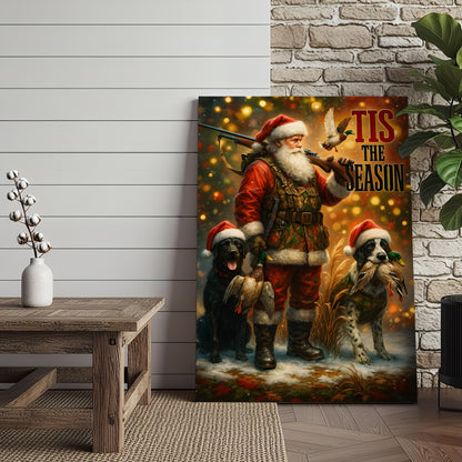 Rustic Christmas Hunting Canvas Art - Santa with Hunting Dogs and Ducks Holiday Wall Decor - Festive Country Cabin Artwo